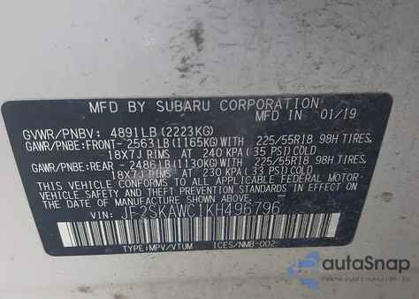 2019 Subaru Forester Touring from USA, damaged, VIN JF2SKAWC1KH496796